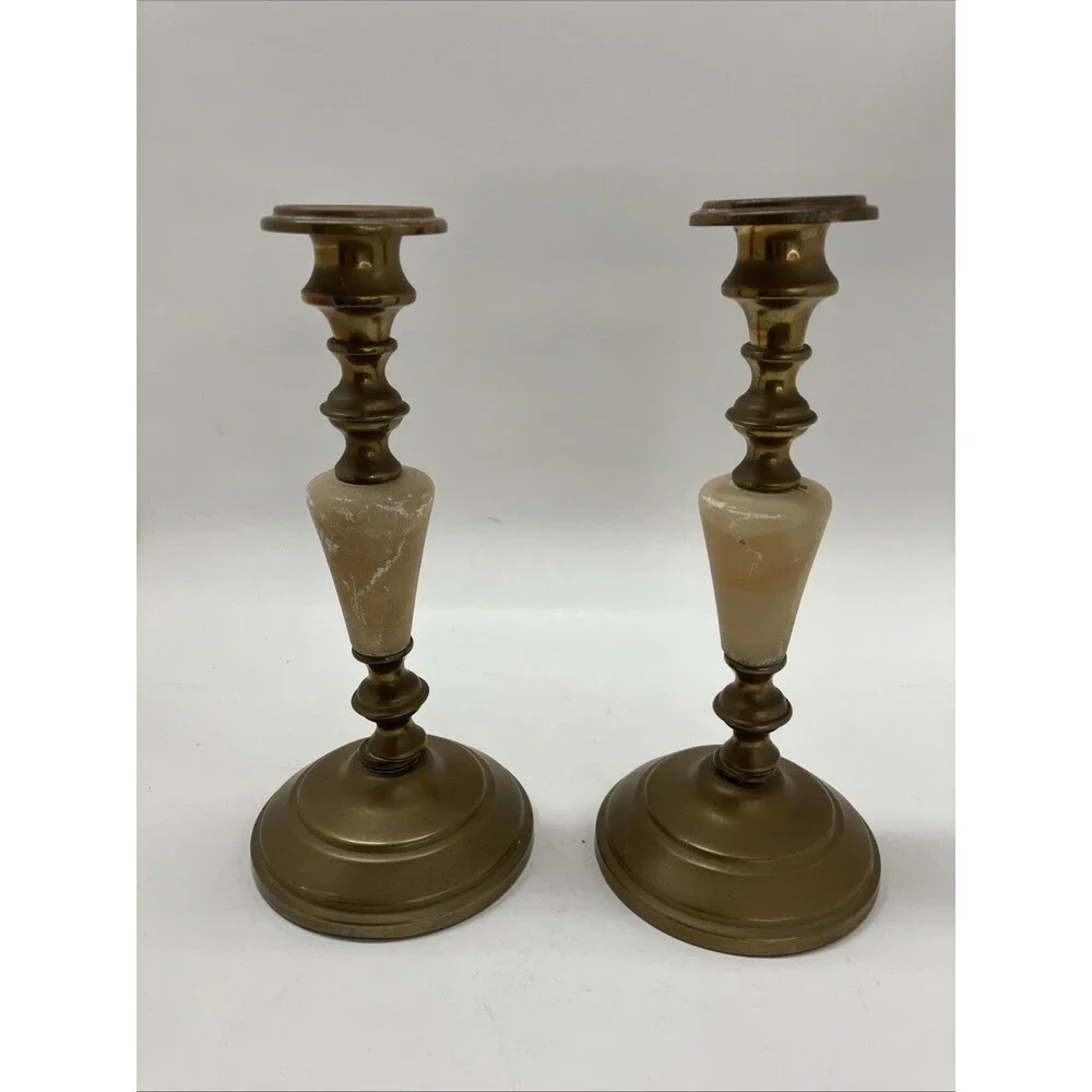VINTAGE 20th century Brass  and Marble  Candle Stick Holder pair